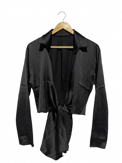 |S| BUST 19 | B9 |  CHIC BLACK SATIN TIE-FRONT CROPPED BLOUSE