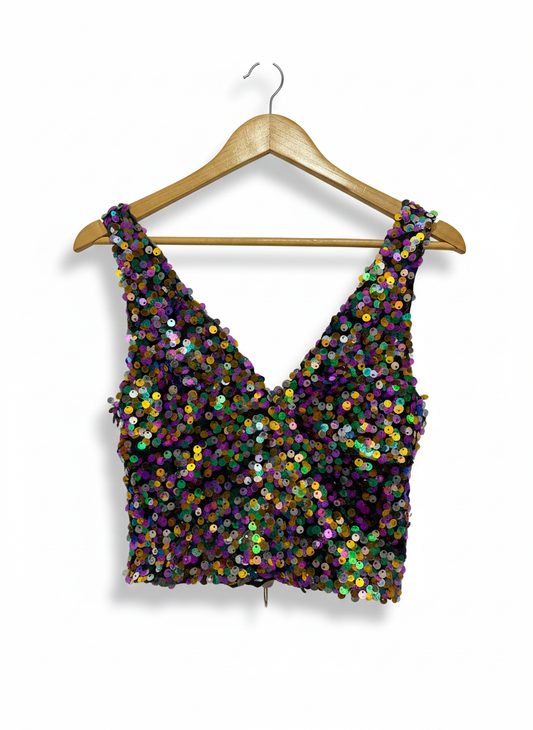 ZARA|XS|BUST 14| MULTICOLOR RAINBOW SEQUIN V-NECK CROP TOP