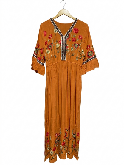 |L| BUST 19| B22| BOHEMIAN MUSTARD ORANGE EMBROIDERED LONG MAXI DRESS WITH BELL SLEEVES