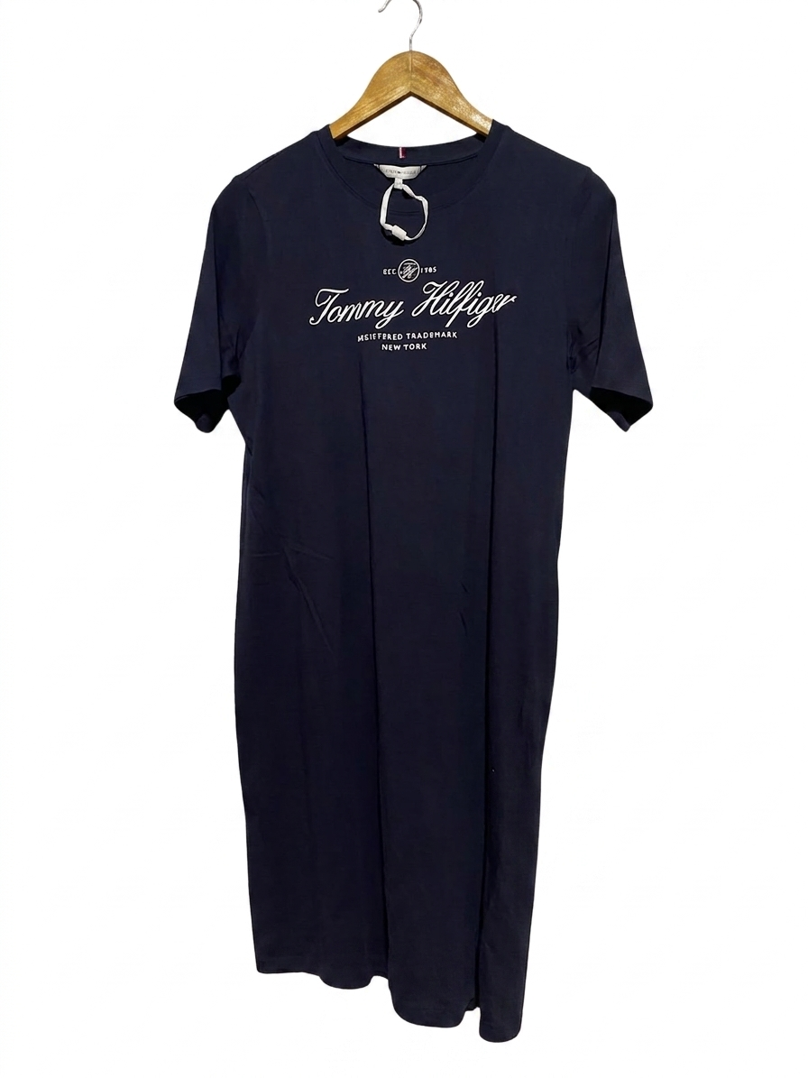 TOMMY HILFIGER |L| BUST 19| B37| NAVY BLUE T-SHIRT DRESS EMBROIDERED SCRIPT LOGO CASUAL SHORT SLEEVE MIDI TEE DRESS