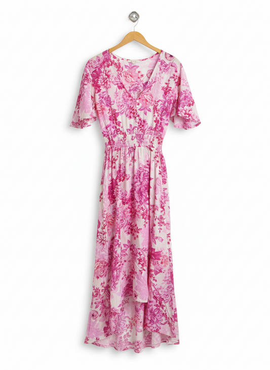 ABEL THE LABEL |L| BUST 17| VIBRANT PINK FLORAL MIDI DRESS - V-NECK WITH HIGH-LOW HEMLINE