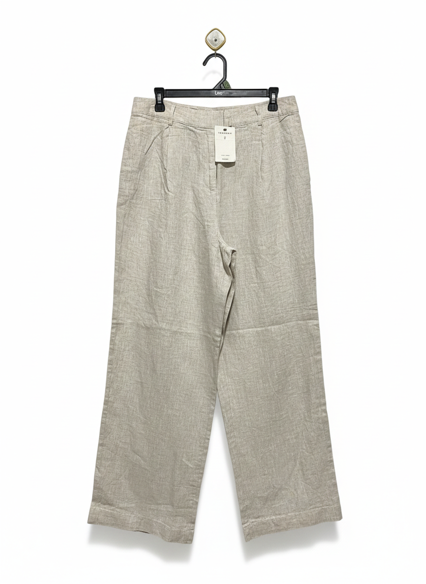 GLASSONS |L| WAIST 32| WOMEN'S HIGH-WAISTED WIDE-LEG LINEN-BLEND TROUSERS - OATMEAL / LIGHT GREIGE