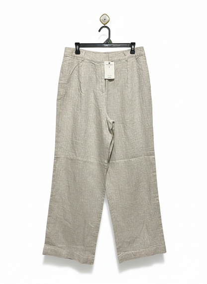 GLASSONS |L| WAIST 32| WOMEN'S HIGH-WAISTED WIDE-LEG LINEN-BLEND TROUSERS - OATMEAL / LIGHT GREIGE