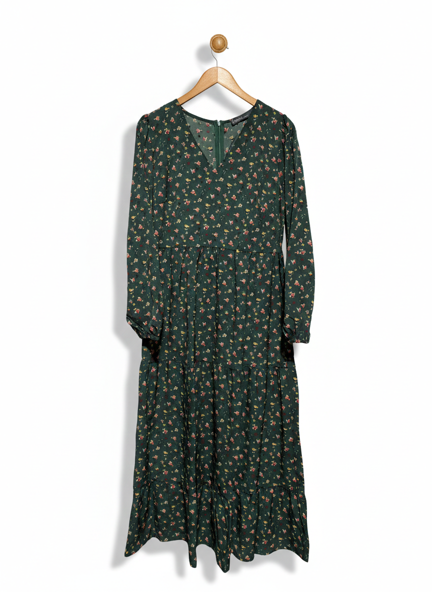 ZAN ZEA |M| BUST 19| DARK GREEN FLORAL TIERED MAXI DRESS