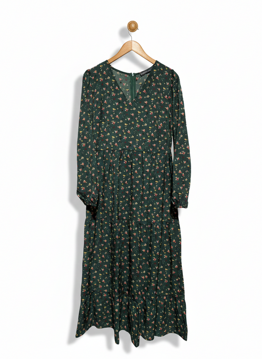 ZAN ZEA |M| BUST 19| DARK GREEN FLORAL TIERED MAXI DRESS