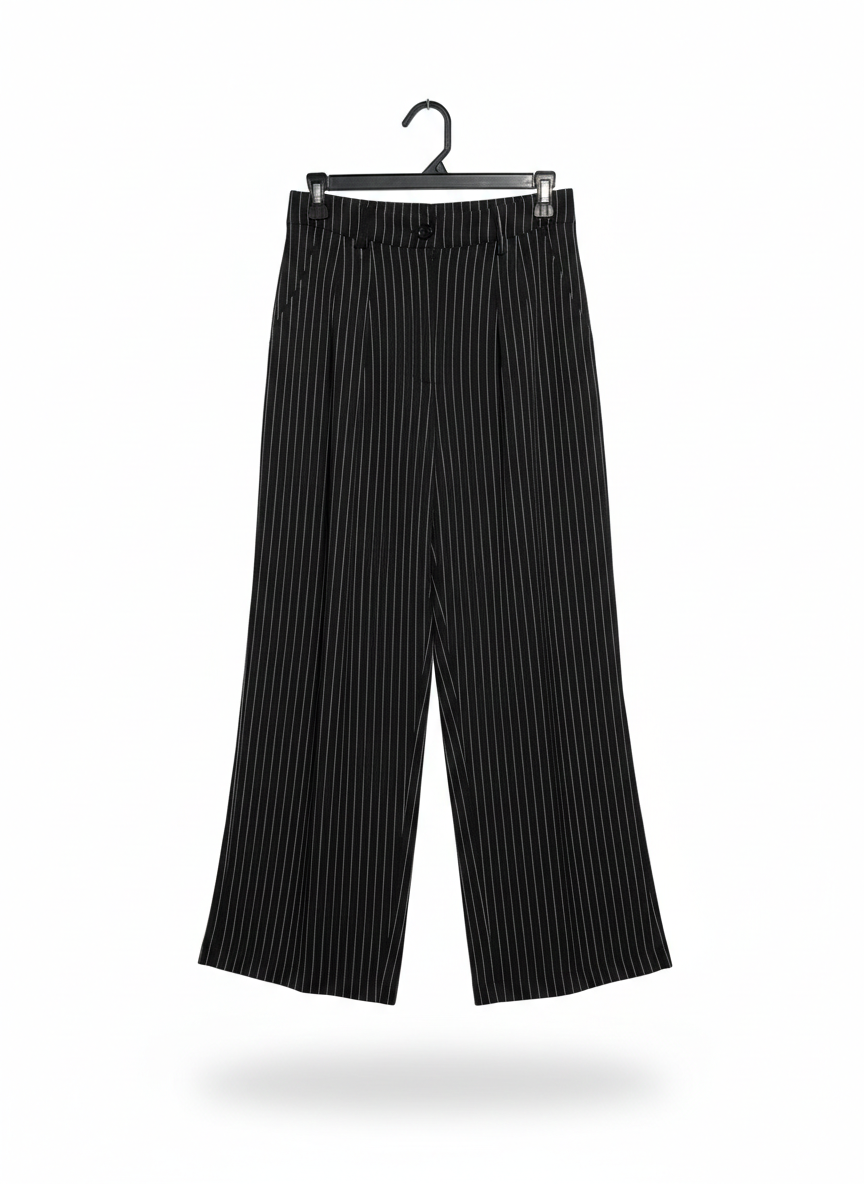 HALARA |XS| WAIST 26| SOPHISTICATED NOIR PINSTRIPE WIDE-LEG TROUSERS