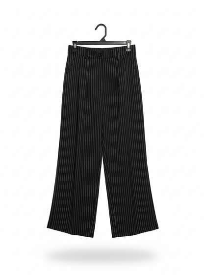 HALARA |XS| WAIST 26| SOPHISTICATED NOIR PINSTRIPE WIDE-LEG TROUSERS