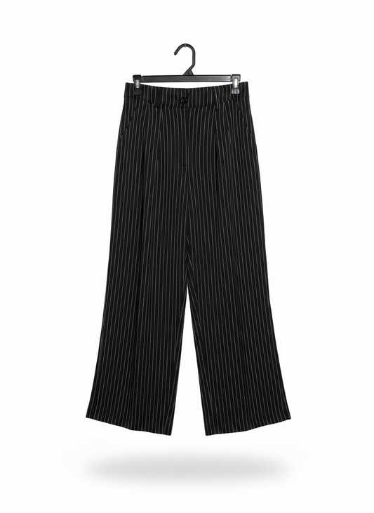 HALARA |XS| WAIST 26| C7| SOPHISTICATED NOIR PINSTRIPE WIDE-LEG TROUSERS