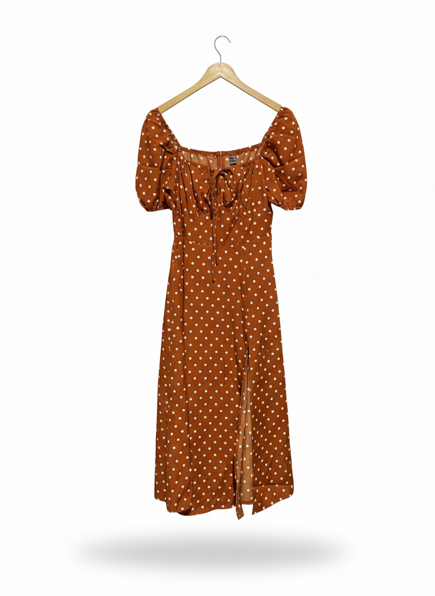 SHEIN |M| BUST 16| RETRO RUST ORANGE POLKA DOT MIDI DRESS WITH SLIT MAXI