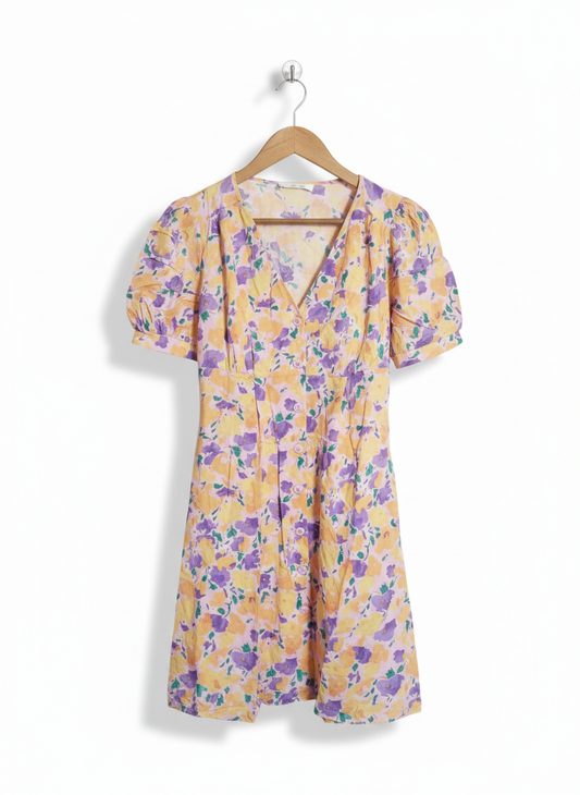 PRIMARK PINK PURPLE YELLOW FLORAL BUTTONED SHORT SLEEVE A LINE DRESS