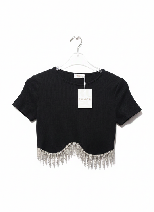 RUMOR|M|BUST 14|Short Sleeve Black Top with Silver Chain Detail