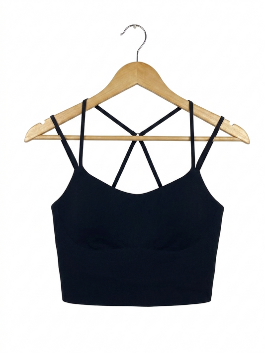 COTTON ON |L| BUST 15| B26| BLACK SEAMLESS CROP TOP SPORTS BRA WITH STRAPPY CROSS-BACK DESIGN