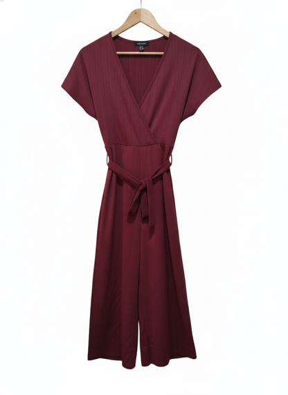 NEW LOOK BURGUNDY RIBBED WRAP CULOTTE BELTED JUMPSUIT W-14 / L-46