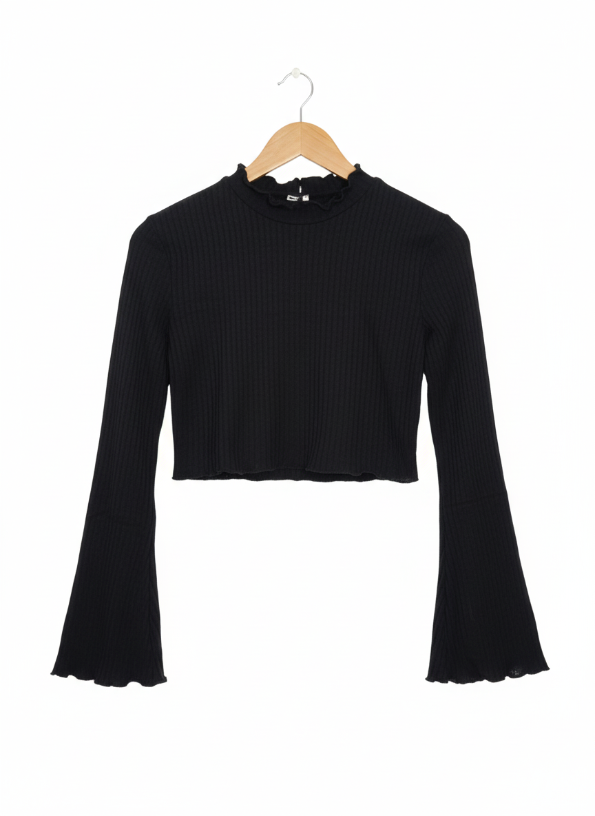 SHEIN Black Ribbed Knit Crop Top Bell Sleeves Ruffled Mock Neck