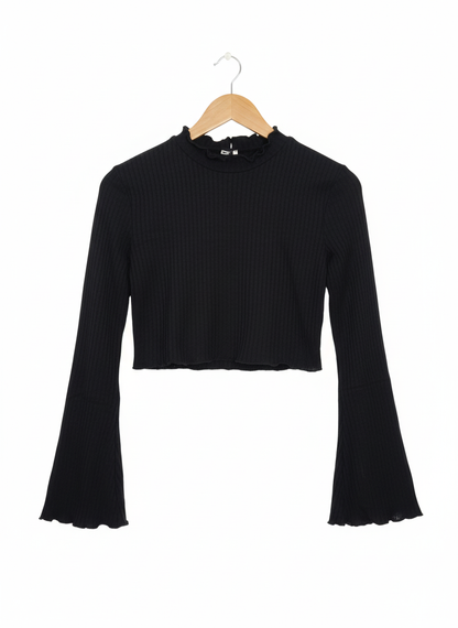 SHEIN Black Ribbed Knit Crop Top Bell Sleeves Ruffled Mock Neck