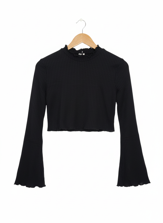 SHEIN Black Ribbed Knit Crop Top Bell Sleeves Ruffled Mock Neck