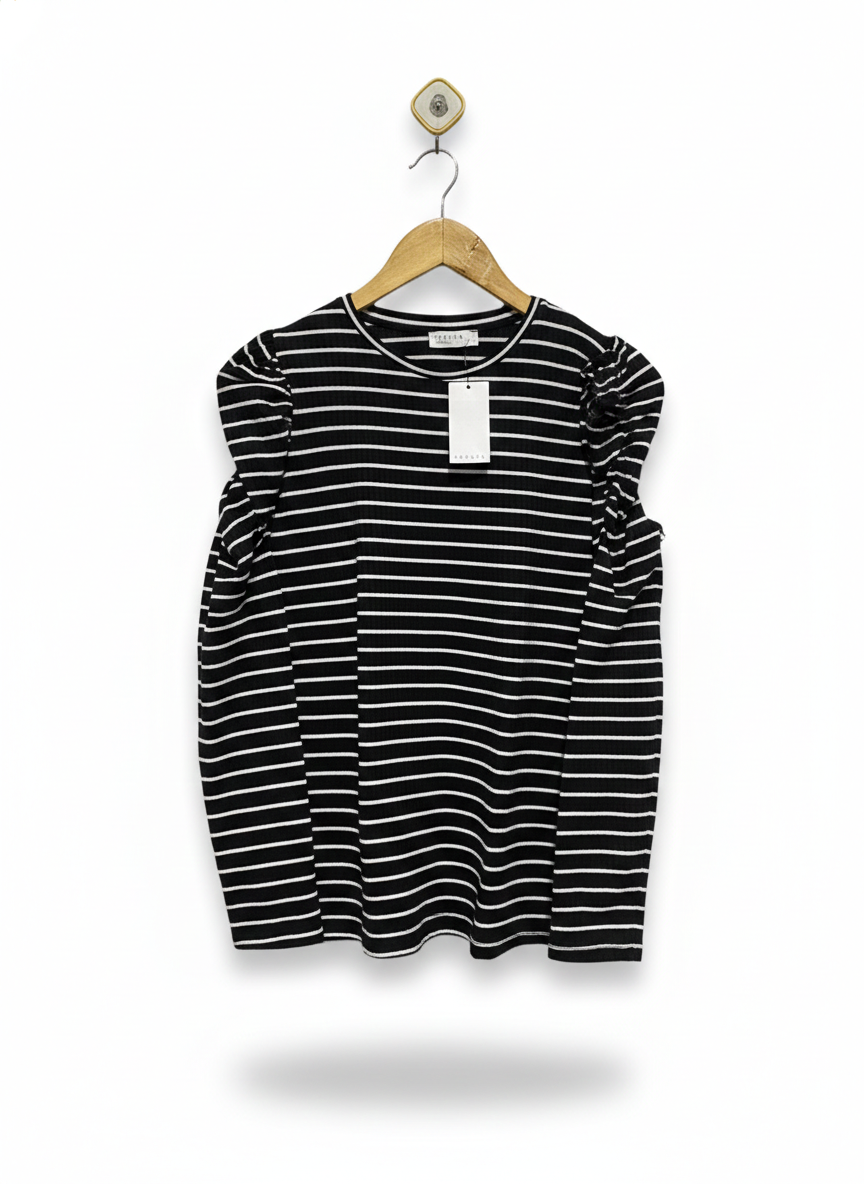 PAPAYA |M| BUST 19| Striped Knit with Poplin Puff Sleeve Top