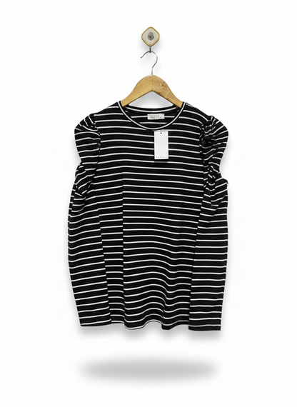 PAPAYA |M| BUST 19| Striped Knit with Poplin Puff Sleeve Top
