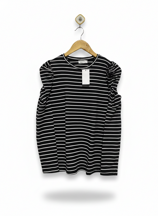 PAPAYA |M| BUST 19| Striped Knit with Poplin Puff Sleeve Top