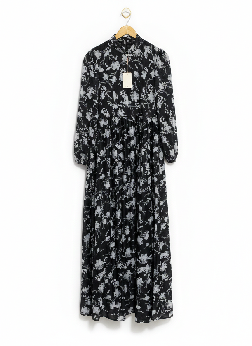 MISSVALLE |M| BUST 16| MONOCHROME FLORAL HIGH-NECK MAXI DRESS
