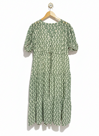 SAGE GREEN ABSTRACT PRINT MIDI DRESS |L| BUST 20|