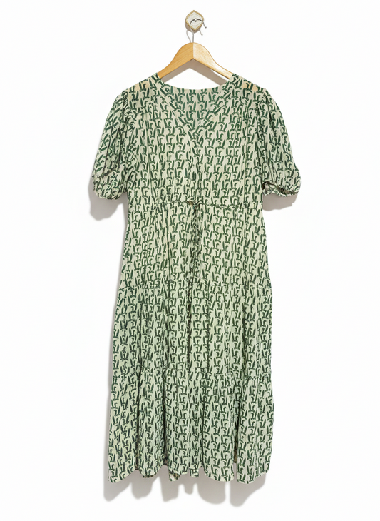SAGE GREEN ABSTRACT PRINT MIDI DRESS |L| BUST 20|