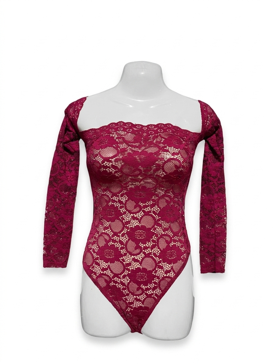 BOOHOO |XS| BUST 12| B22| ELEGANT MAGENTA FLORAL LACE OFF-THE-SHOULDER LONG SLEEVE BODYSUIT