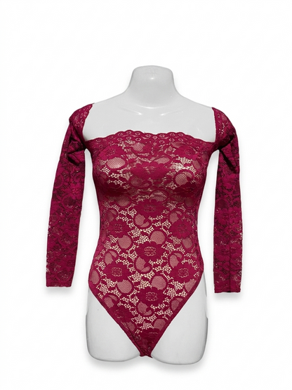 BOOHOO |XS| BUST 12| B22| ELEGANT MAGENTA FLORAL LACE OFF-THE-SHOULDER LONG SLEEVE BODYSUIT