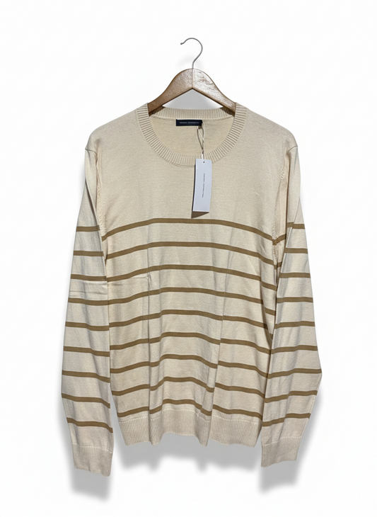 FRENCH CONNECTION |XL| BUXT 22| CREAM AND TAN STRIPED CREWNECK SWEATER