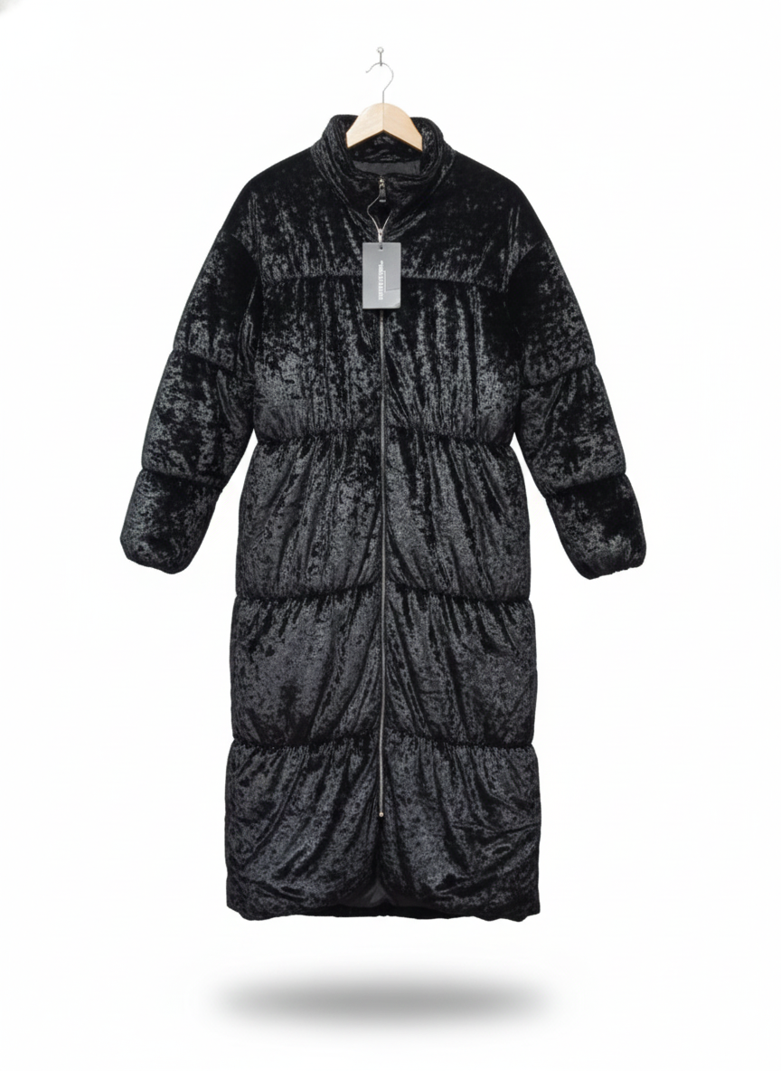 PRETTY LITTLE THING|XS/S|BUST 22|BLACK VELVET CRUSHED MAXI PUFFER COAT