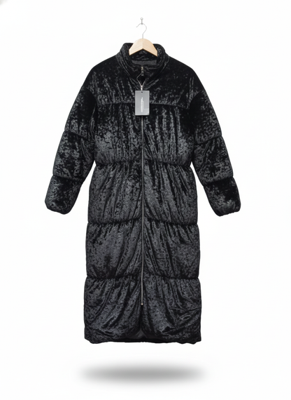 PRETTY LITTLE THING|XS/S|BUST 22|BLACK VELVET CRUSHED MAXI PUFFER COAT