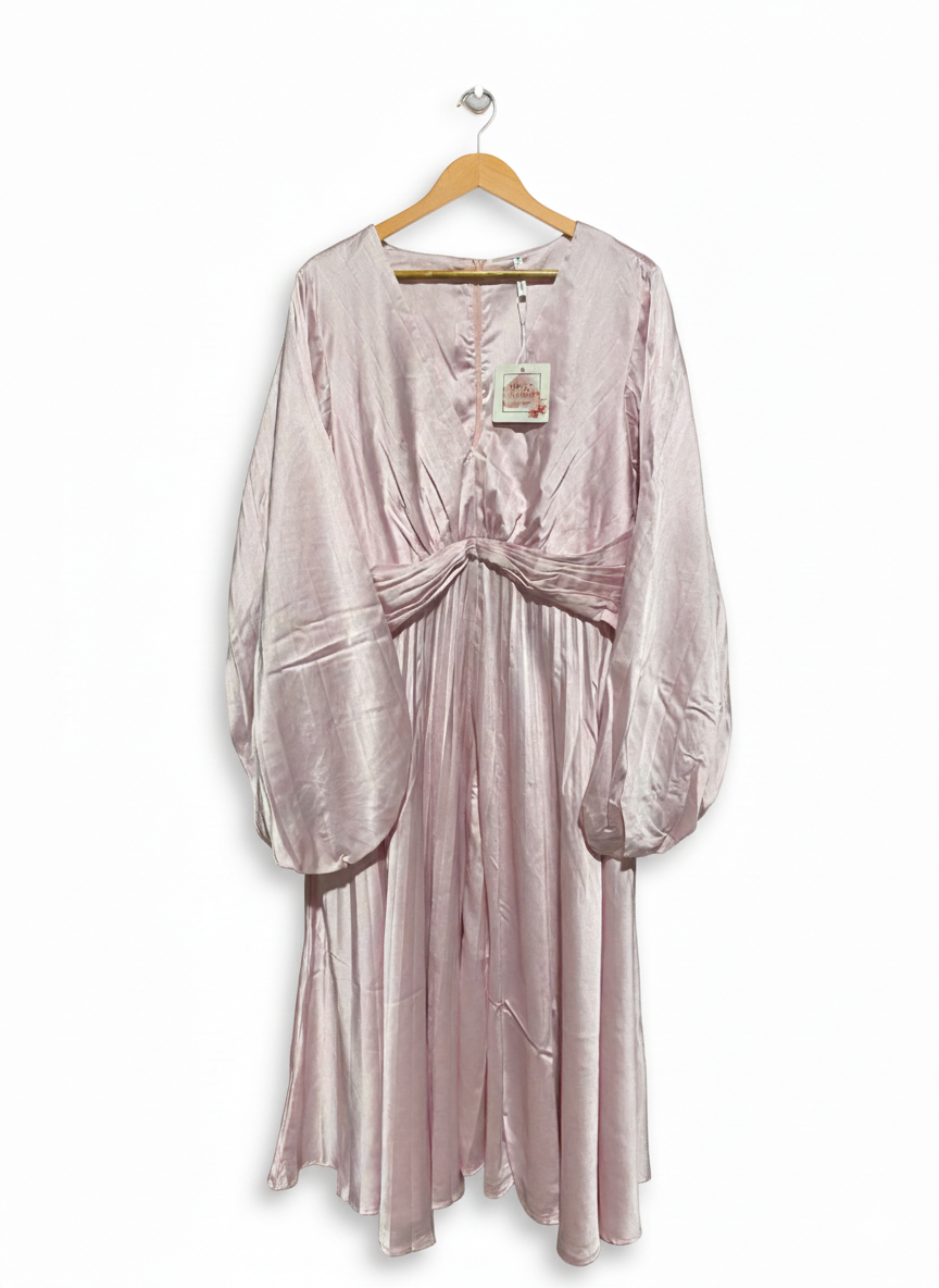 SPICY SUGAR |XL| BUST 21| ETHEREAL PALE PINK SATIN MIDI DRESS - PLEATED V-NECK WITH DRAMATIC BALLOON SLEEVES
