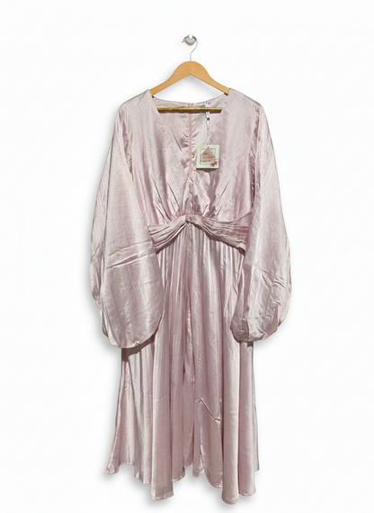 SPICY SUGAR |XL| BUST 21| ETHEREAL PALE PINK SATIN MIDI DRESS - PLEATED V-NECK WITH DRAMATIC BALLOON SLEEVES