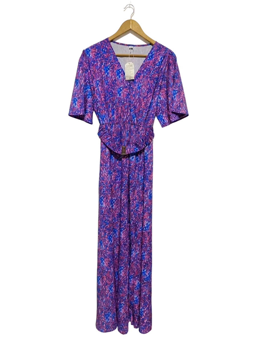 |L| BUST 18| B19| VIBRANT ABSTRACT PRINT V-NECK MAXI DRESS - PURPLE & BLUE