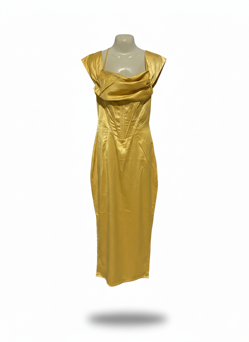 LUXURY GOLDEN SATIN CORSET MIDI DRESS WITH DRAPED NECKLINE |M| BUST 17|