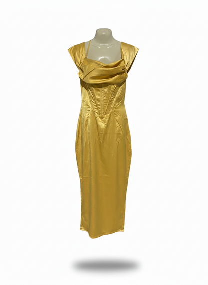 LUXURY GOLDEN SATIN CORSET MIDI DRESS WITH DRAPED NECKLINE |M| BUST 17|