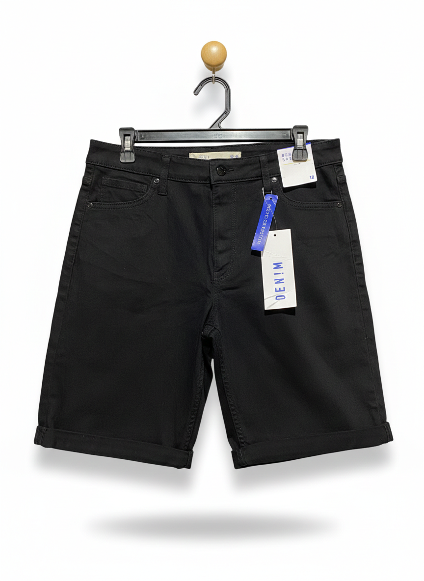 RECYCLED COTTON |XL| WAIST 32| BLACK DENIM MID-LENGTH WALKING SHORTS