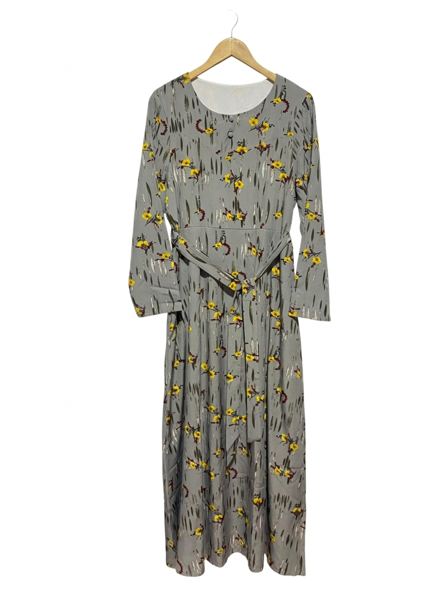 |M| BUST 19 | B9| ELEGANT GREY FLORAL PRINT LONG SLEEVE MAXI DRESS