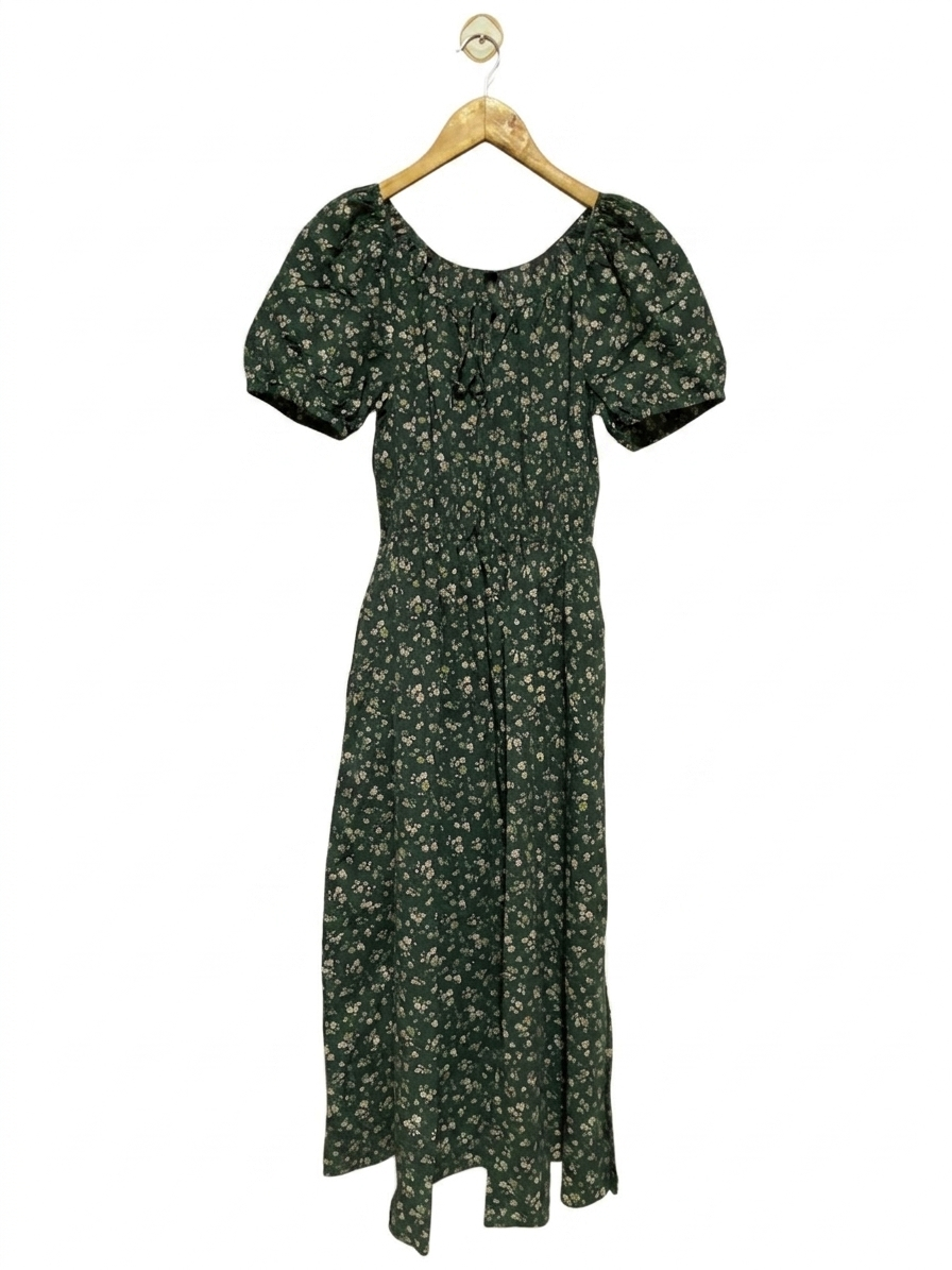 UNIQLO |XS| BUST 15| B19| DARK GREEN FLORAL PUFF SLEEVE MIDI DRESS