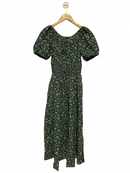 UNIQLO |XS| BUST 15| B19| DARK GREEN FLORAL PUFF SLEEVE MIDI DRESS