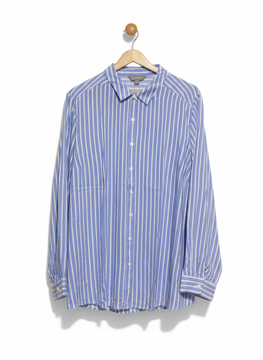 SUZANNEGRAE |XL| BUST 23| WOMEN’S LONG SLEEVE BUTTON-DOWN SHIRT - CLASSIC BLUE AND WHITE VERTICAL STRIPES