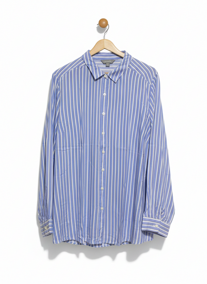 SUZANNEGRAE |XL| BUST 23| WOMEN’S LONG SLEEVE BUTTON-DOWN SHIRT - CLASSIC BLUE AND WHITE VERTICAL STRIPES