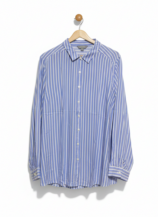 SUZANNEGRAE |XL| BUST 23| WOMEN’S LONG SLEEVE BUTTON-DOWN SHIRT - CLASSIC BLUE AND WHITE VERTICAL STRIPES