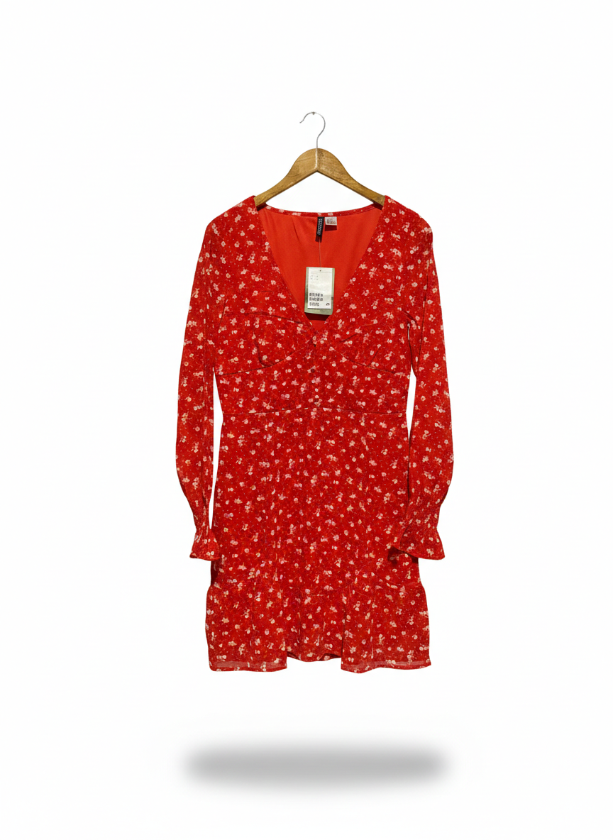 H&M DIVIDED |S| BUST 17|C4|FLORAL V-NECK MINI DRESS IN RED