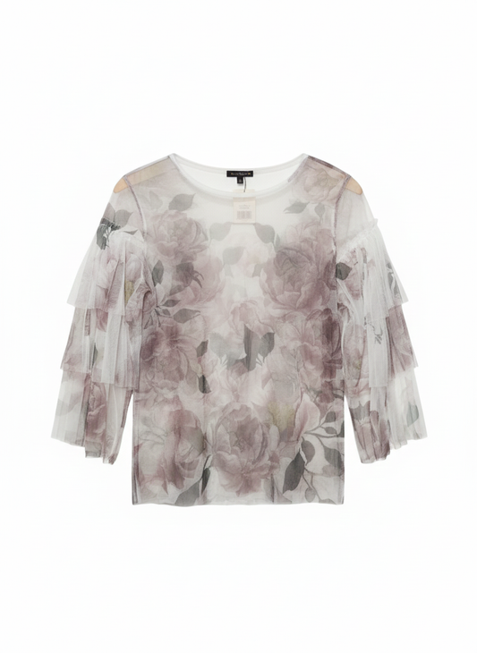 CLEO APPAREL|L|BUST 19|Floral Print Ruffle Hem Split Sleeve Top