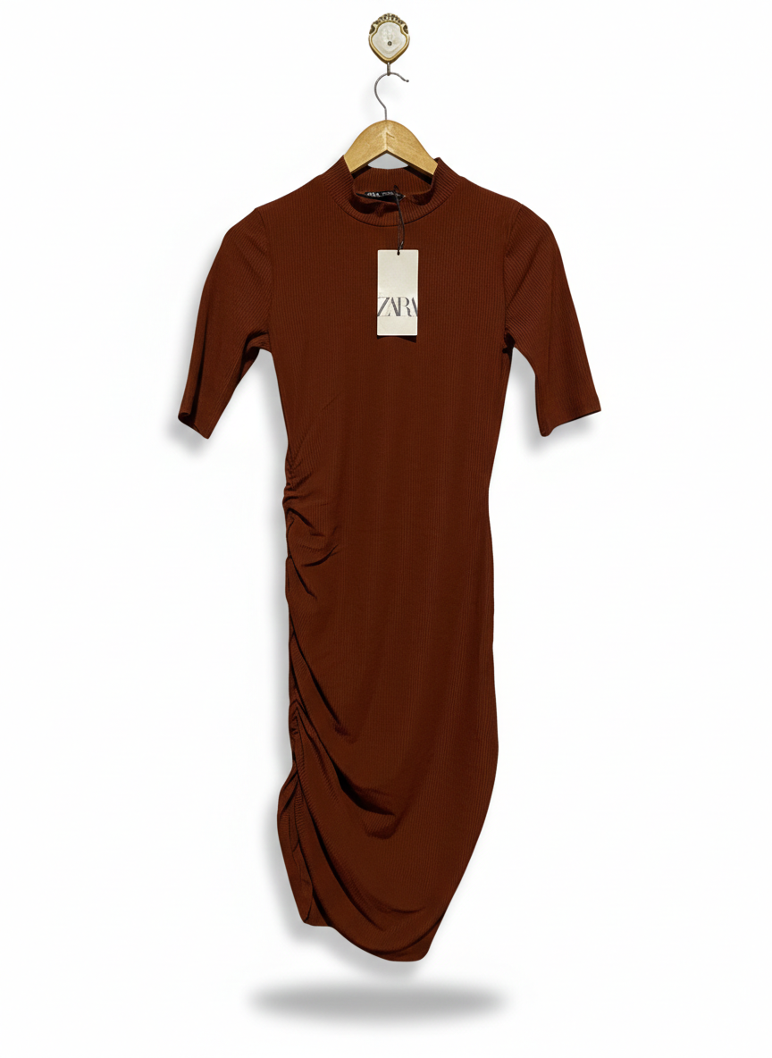 ZARA |S| BUST 15| RUCHED RUST MOCK-NECK MIDI DRESS
