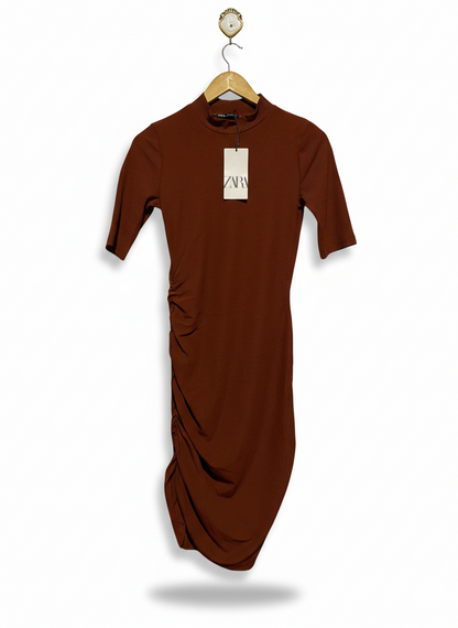 ZARA |S| BUST 15| RUCHED RUST MOCK-NECK MIDI DRESS