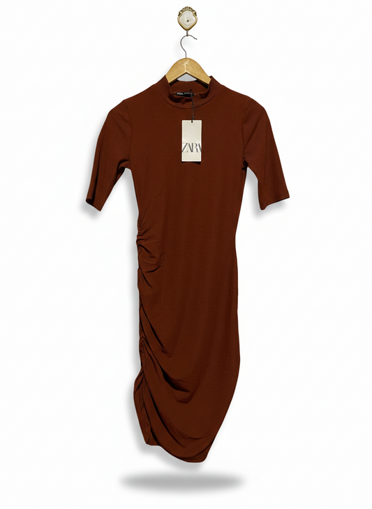 ZARA |S| BUST 15| RUCHED RUST MOCK-NECK MIDI DRESS