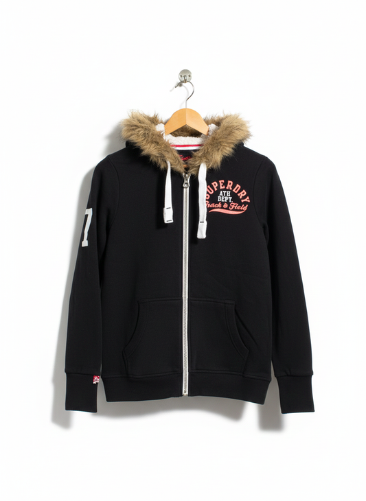 SUPER DRY|L|BUST 19.5|TRACK & FIELD FAUX FUR LINED ZIP HOODIE Black