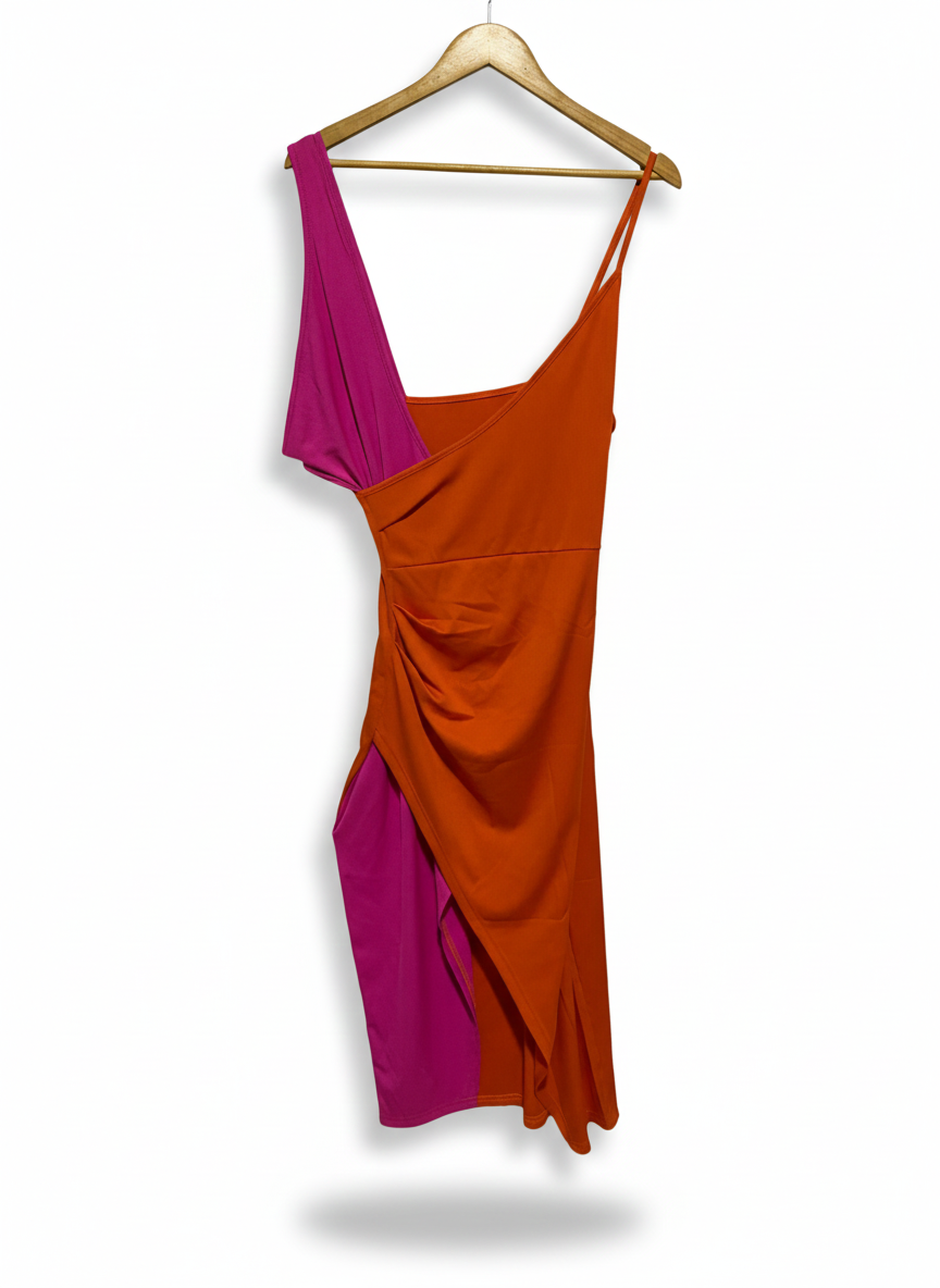 TWO-TONE PINK AND ORANGE ASYMMETRIC RUCHED DRESS|M|BUST 17